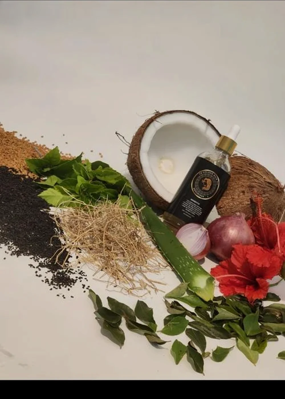 VR Golden scalp oil displayed with coconut, aloe vera and botanical ingredients